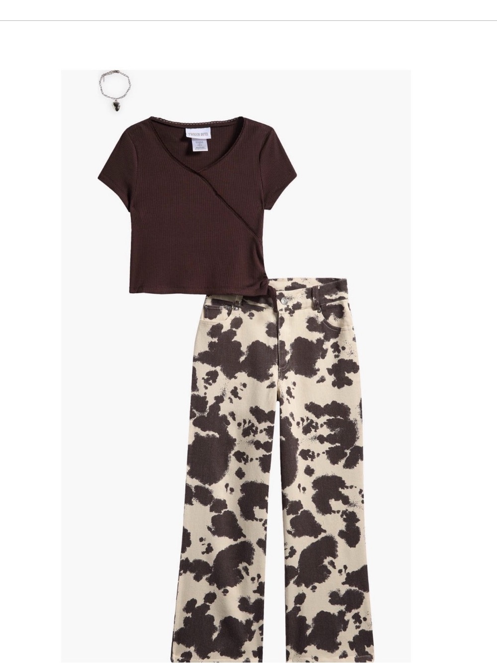 Girl’s Brown Top & Cream/Brown Cow Print Pants Set (2-pc set w/heart on a chain)